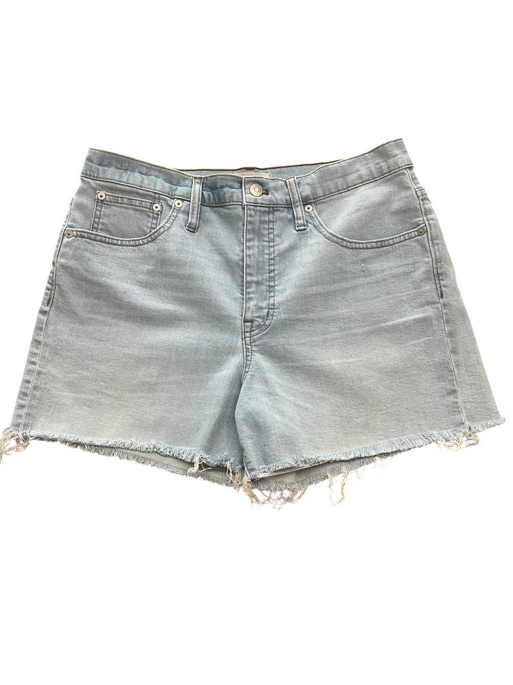 Madewell Women's Blue Denim Fray High Rise Mid Length Jeans Shorts Size 30